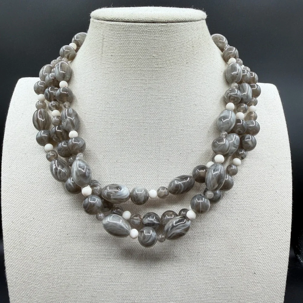Gray Marbled Beaded Multi Strand Statement Necklace White Accent Beads Chunky